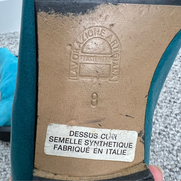 Vintage 70s 80s turquoise Italian suede leather applique mid calf flat boots 8 - Picture 12 of 15
